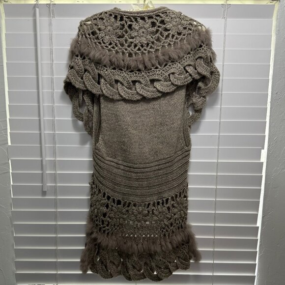 Emma G Gray Cardigan Vest Wool Blend Rabbit Fur Trim Size L/XL - Picture 2 of 5